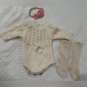 Zoya Knit Baby Romper in Cream with matching socks and pink crochet headband